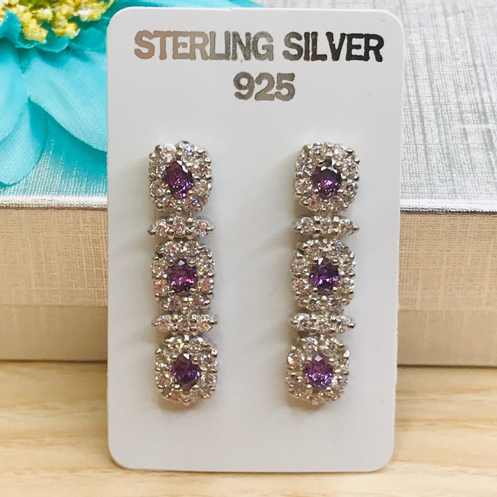 Sterling Silver Purple & Clear CZ Halo Earrings